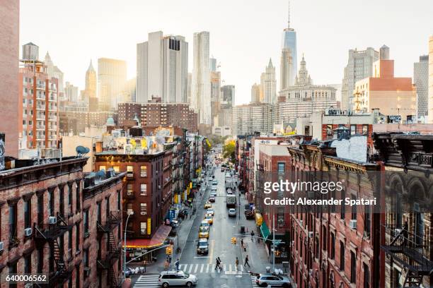 high angle view of lower east side manhattan downtown, new york city, usa - new york stock-fotos und bilder