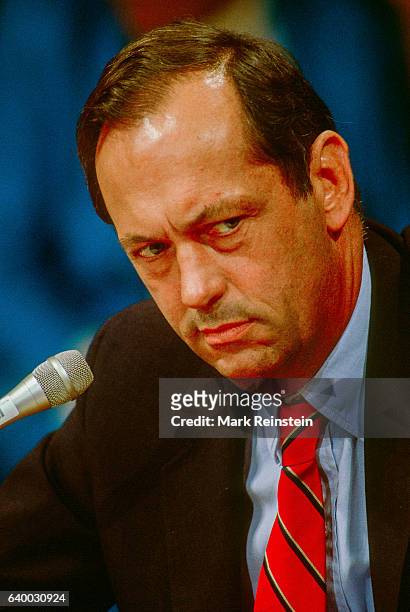 Close-up of American politician Bill Bradley during an unspecified Senate committee hearing, Washington DC, 1991.