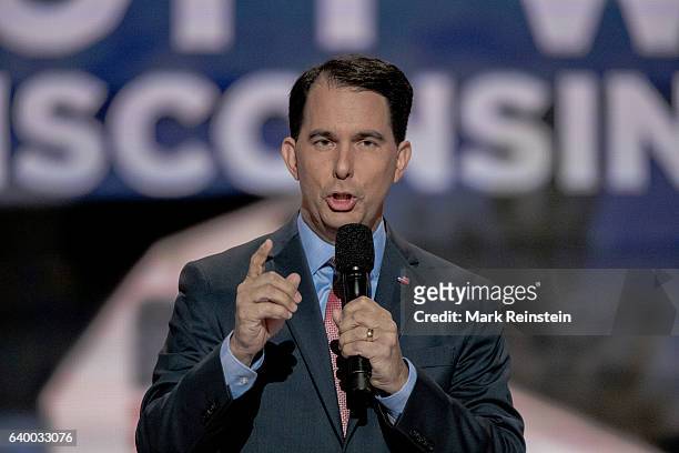 American politician and Wisconsin Governor Scott Walker addresses the Republican National Convention at the Quicken Arena, Cleveland, Ohio, July 20,...