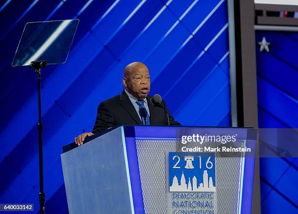 American politician and Civil Rights leader US Congressman John Lewis addresses the 2016 Democratic National Convention in the Wells Fargo Arena,...