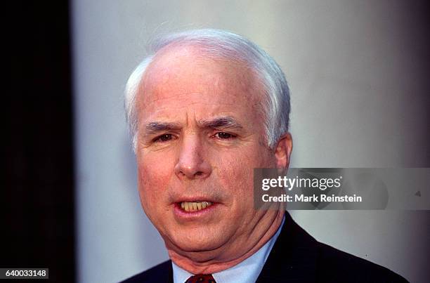 American politician US Senator John McCain speaks with the press outside Fox News television studios after an appearance on 'Fox News Sunday With...