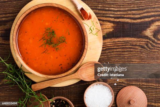 homemade spicy tomato soup - bowl chili peppers bildbanksfoton och bilder