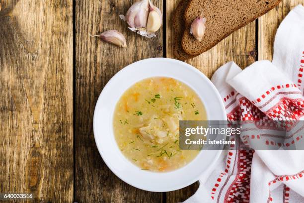 kapusniak, traditional ukrainian sauerkraut soup - soup vegtables stockfoto's en -beelden