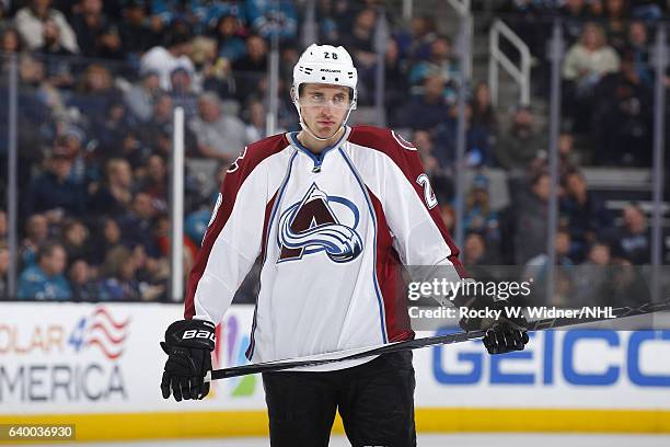 Patrick Wiercioch of the Colorado Avalanche looks on during the game against the San Jose Sharks at SAP Center on January 21, 2017 in San Jose,...