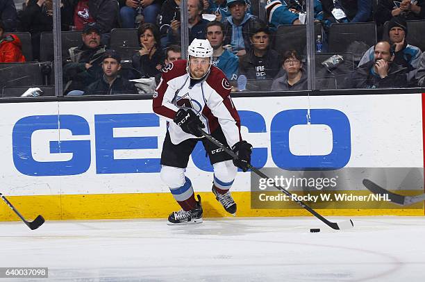 John Mitchell of the Colorado Avalanche skates with the puck against the San Jose Sharks at SAP Center on January 21, 2017 in San Jose, California.