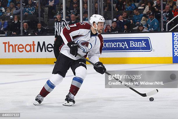 John Mitchell of the Colorado Avalanche skates with the puck against the San Jose Sharks at SAP Center on January 21, 2017 in San Jose, California.