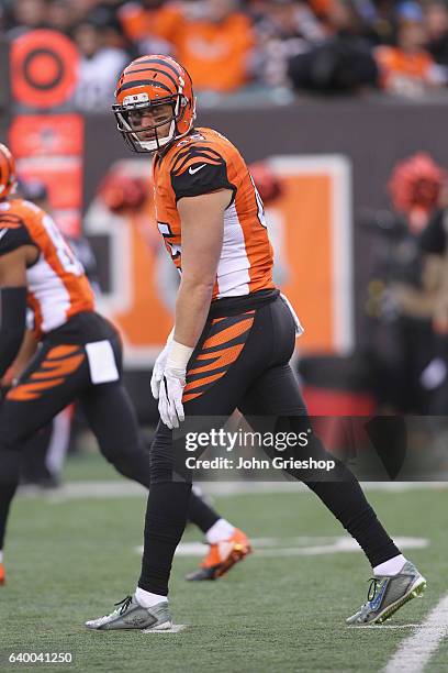 Tyler Eifert of the Cincinnati Bengals lines up on the line of scrimmage during the game against the Philadelphia Eagles at Paul Brown Stadium on...