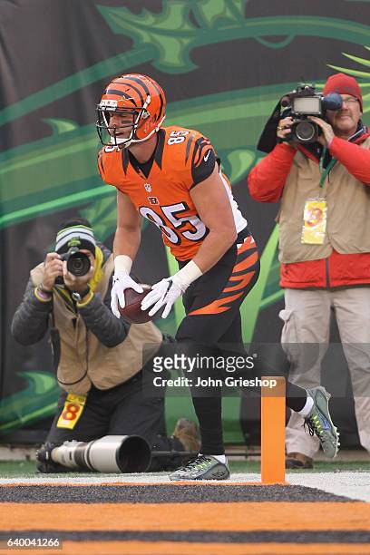 Tyler Eifert of the Cincinnati Bengals celebrates scoring a touchdown during the game against the Philadelphia Eagles at Paul Brown Stadium on...
