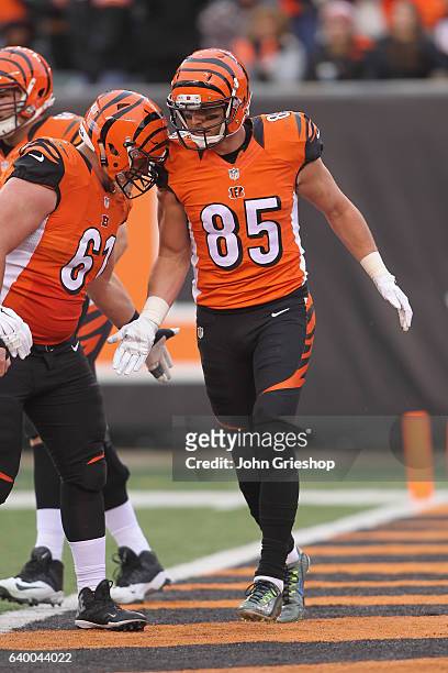 Tyler Eifert of the Cincinnati Bengals celebrates a touchdown with teammate Russell Bodine during their game against the Philadelphia Eagles at Paul...