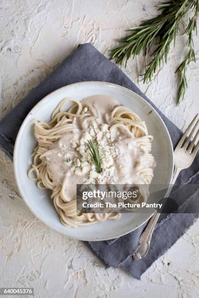 rosemary gorgonzola pesto cream sauce over spaghetti - gorgonzola stockfoto's en -beelden