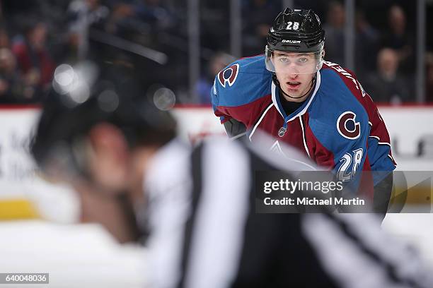 Patrick Wiercioch of the Colorado Avalanche waits for a face off against the Vancouver Canucks at the Pepsi Center on January 25, 2017 in Denver,...