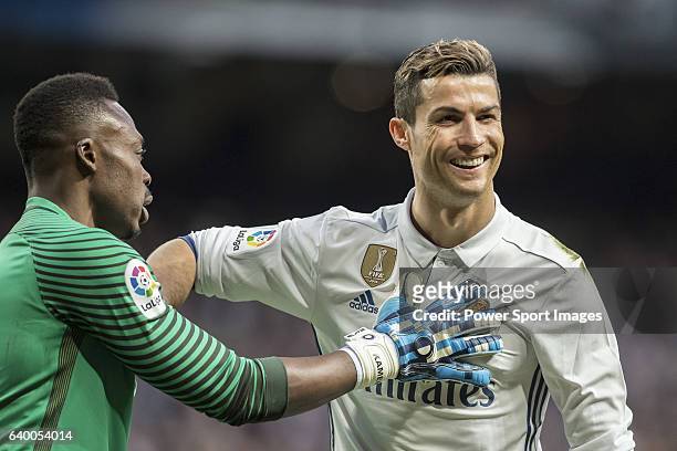 Cristiano Ronaldo of Real Madrid is consoled by goalkeeper Idriss Carlos Kameni of Malaga CF during their La Liga 2016-17 match between Real Madrid...