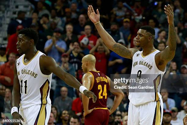 Terrence Jones of the New Orleans Pelicans reacts after his team defeated the Cleveland Cavaliers during a game at the Smoothie King Center on...