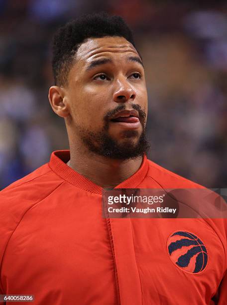Jared Sullinger of the Toronto Raptors warms up prior to the first half of an NBA game against the San Antonio Spurs at Air Canada Centre on January...