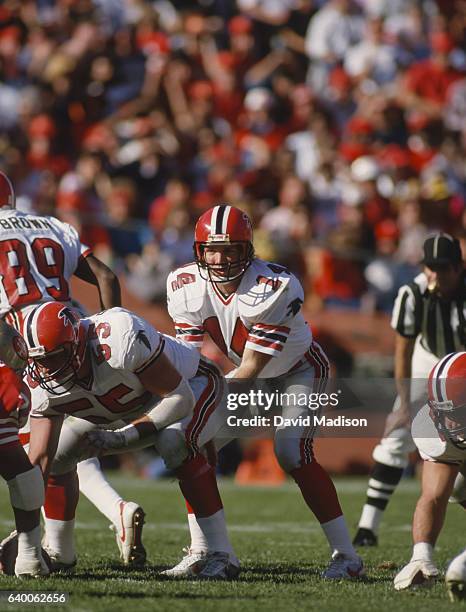 Turk Schonert of the Atlanta Falcons plays in a National Football League game against the San Francisco 49ers on November 23, 1986 at Candlestick...