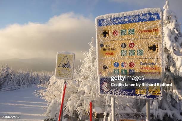 signposts covered in snow on svaty petr mountain, spindleruv mlyn - czech republic mountains stock pictures, royalty-free photos & images