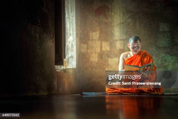 monk reading book - buddha face stock-fotos und bilder