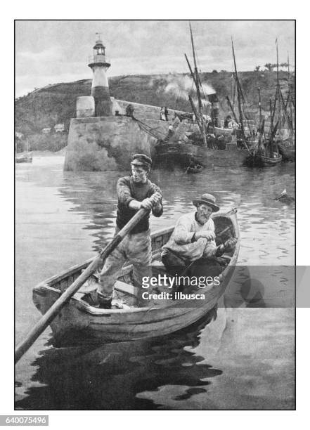 antique dotprinted photograph of painting: men on boat - vintage sailor stock illustrations