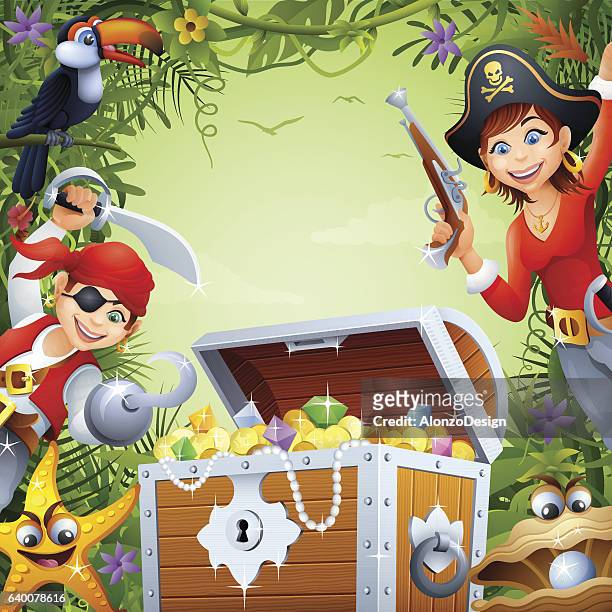 stockillustraties, clipart, cartoons en iconen met pirates with treasure in the jungle - fat female cartoon characters