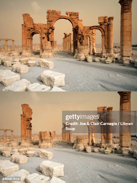 before and after. documenting the destruction of the arch of triumph in palmyra, syria - palmera - fotografias e filmes do acervo