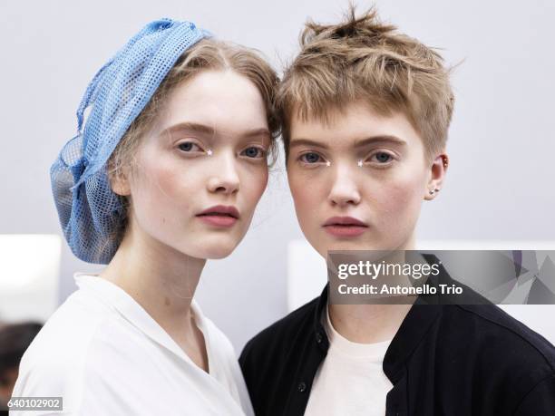 Models May Bell and Ruth Bell poses Backstage prior the Christian Dior Spring Summer 2017 show as part of Paris Fashion Week on January 23, 2017 in...