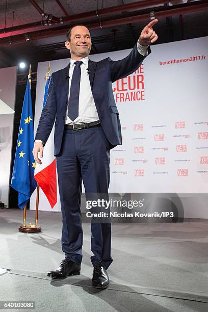 Candidate for the 2017 French Presidential Election Benoit Hamon delivers a speech during his meeting on January 26, 2017 in Montreuil, France....