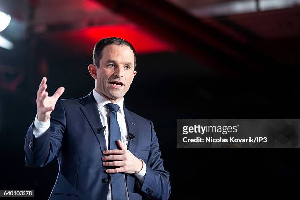 Candidate for the 2017 French Presidential Election Benoit Hamon delivers a speech during his meeting on January 26, 2017 in Montreuil, France....
