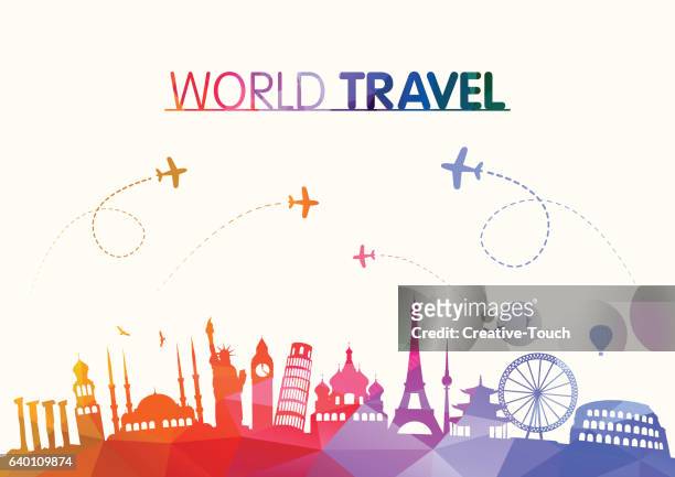 stockillustraties, clipart, cartoons en iconen met world travel and famous landmarks polygonal concept - travel destinations