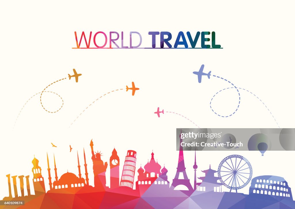 World Travel and Famous Landmarks Polygonal Concept