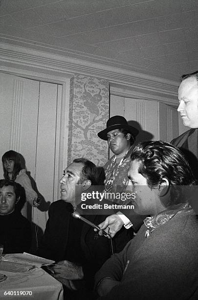Actor Anthony Quinn briefs newsmen Dec. 14 after returning from a visit to Alcatraz Island, now ‘occupied’ by a force of American Indians who claim...