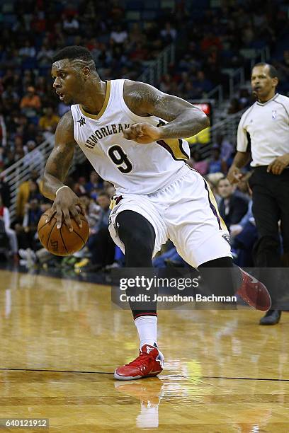 Terrence Jones of the New Orleans Pelicans drives with the ball during the first half of a game against the Oklahoma City Thunder at the Smoothie...