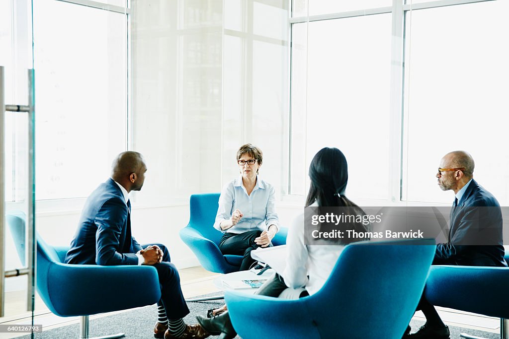 Mature businesswoman leading meeting in office