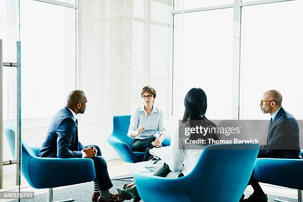 mature businesswoman leading meeting in office - team blue stock pictures, royalty-free photos & images