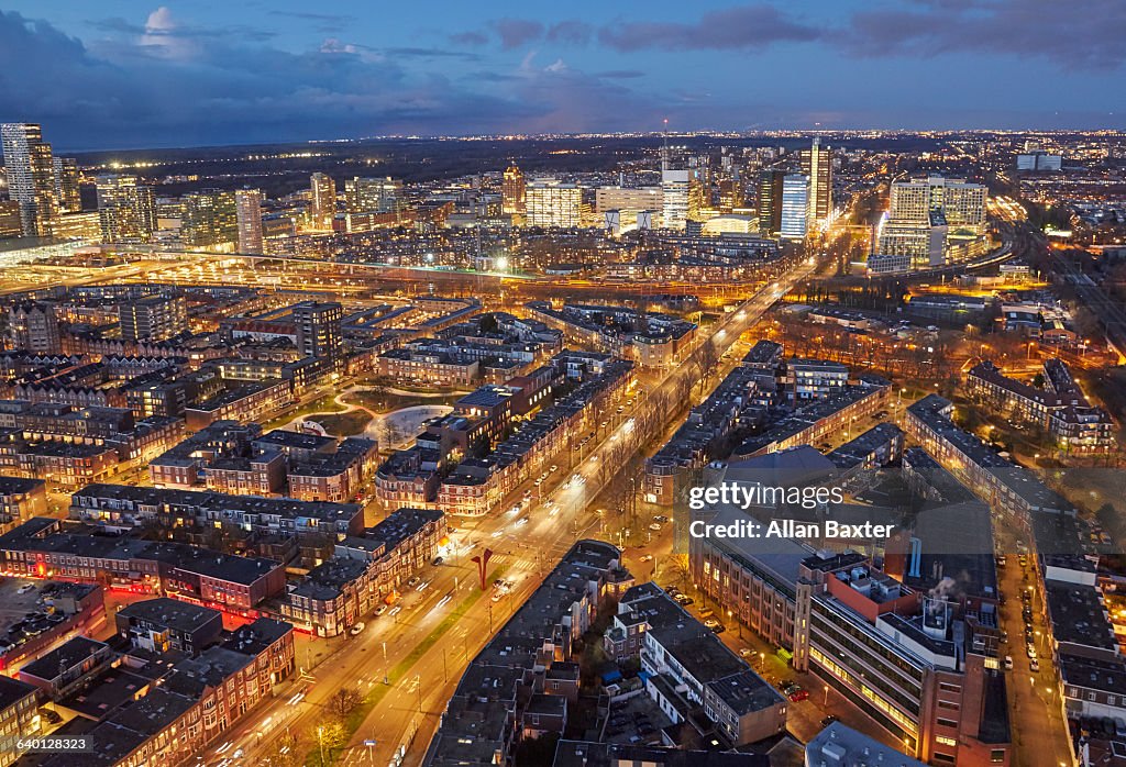 Elevated view of skyline of the Hague at dusk