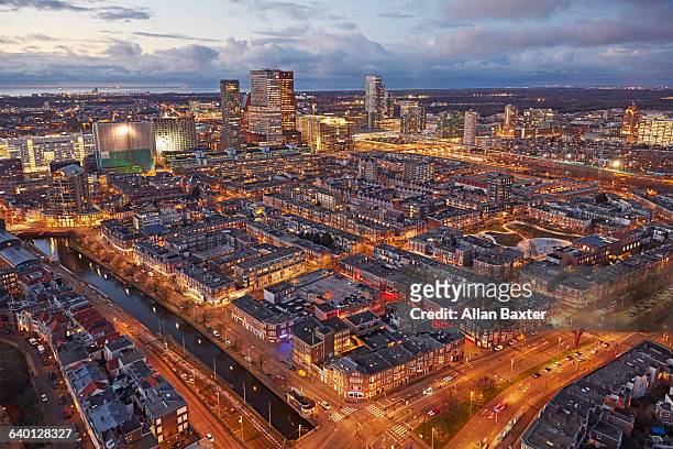 aerial view of skyscrapers in the hague at dusk - the hague stock pictures, royalty-free photos & images