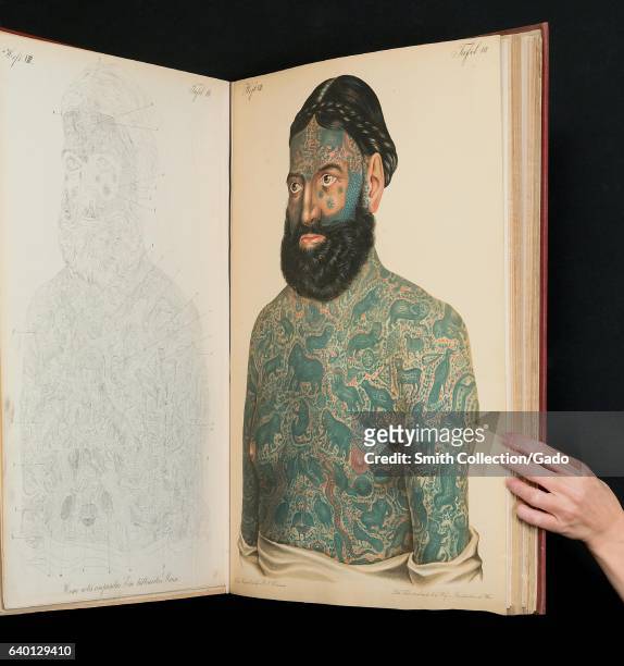 Open book showing a lithograph depicting a portrait of a Caucasian man with a full body tattoo, in Atlas der Hautkrankheiten by Ferdinand Ritter von...