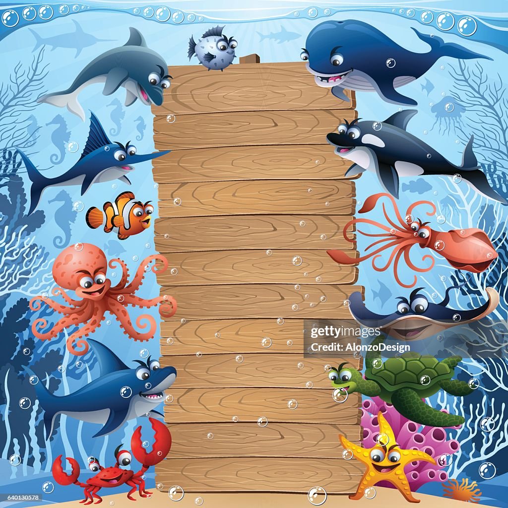 Sea Animals with Wooden Sign