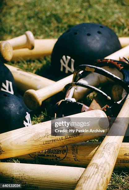 Detail view of bats, helmets and a catcher's mask is shown at the Spring Training home of the New York Yankees circa February, 1957 in Florida.