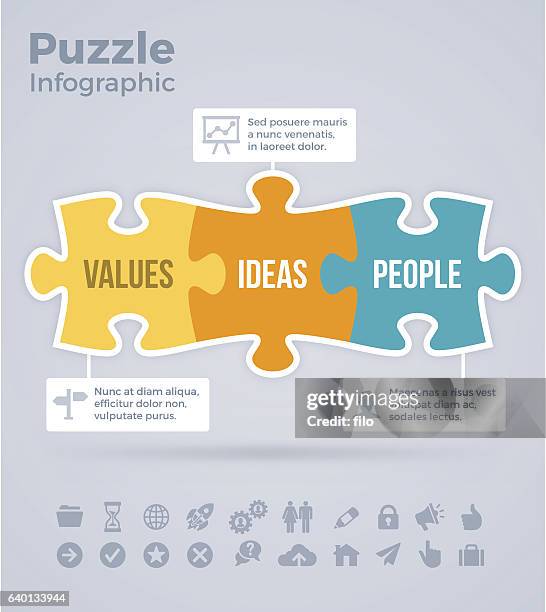 puzzle-infografik - drei gegenstände stock-grafiken, -clipart, -cartoons und -symbole