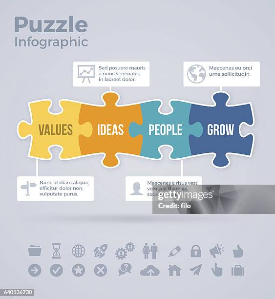 four piece puzzle infographic - four objects stock illustrations