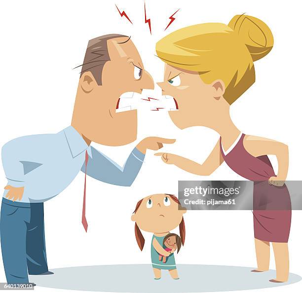 ilustraciones, imágenes clip art, dibujos animados e iconos de stock de pareja en la lucha frente de niño - looking ill humored