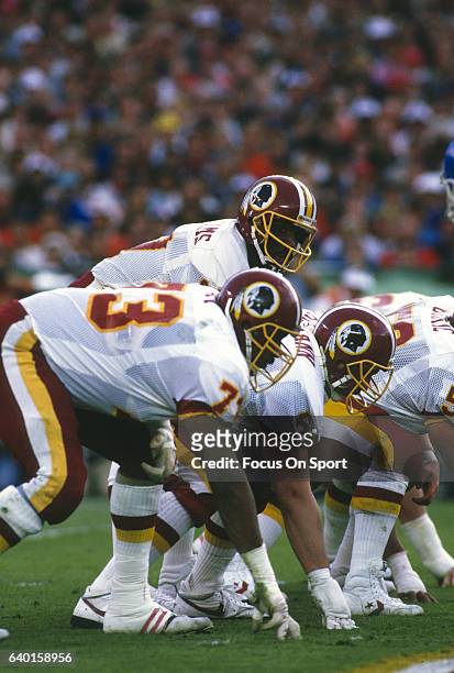 Doug Williams of the Washington Redskins in action against the Denver Broncos during Super Bowl XXII on January 25, 1988 at Jack Murphy Stadium in...