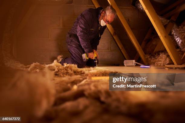 screwing down floorboard - house insulation not posing stockfoto's en -beelden