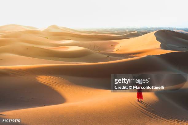woman in elegant dress admiring the view from a sand sune in sahara desert, morocco, north africa. - superb or breathtaking or beautiful or awsome or admire or picturesque or marvelous or glorious or ストックフォトと画像