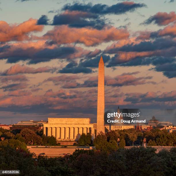 aerial view of  buildings along the national mall, washington d.c, usa at sunset - washington dc sunset stock pictures, royalty-free photos & images