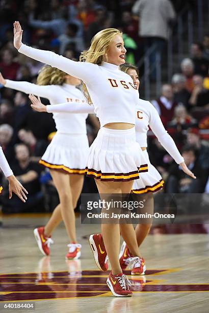 Trojans cheerleaders during the game against the UCLA Bruins at Galen Center on January 25, 2017 in Los Angeles, California.