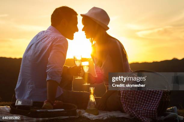 young romantic couple toasting with wine at sunset. - romantic picnic stockfoto's en -beelden