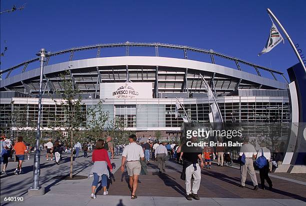 The exterior of Invesco Field at Mile High Stadium taken before the game between the New York Giants and the Denver Broncos in Denver, Colorado. The...