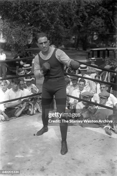 Johnny Dundee, top featherweight contender training for title fight with Eugene Cirgui at camp in Orange, New Jersey, July 15, 1923.