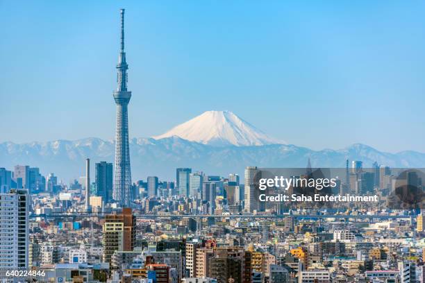 tokyo sky tree and mt fuji - tokyo skytree - fotografias e filmes do acervo